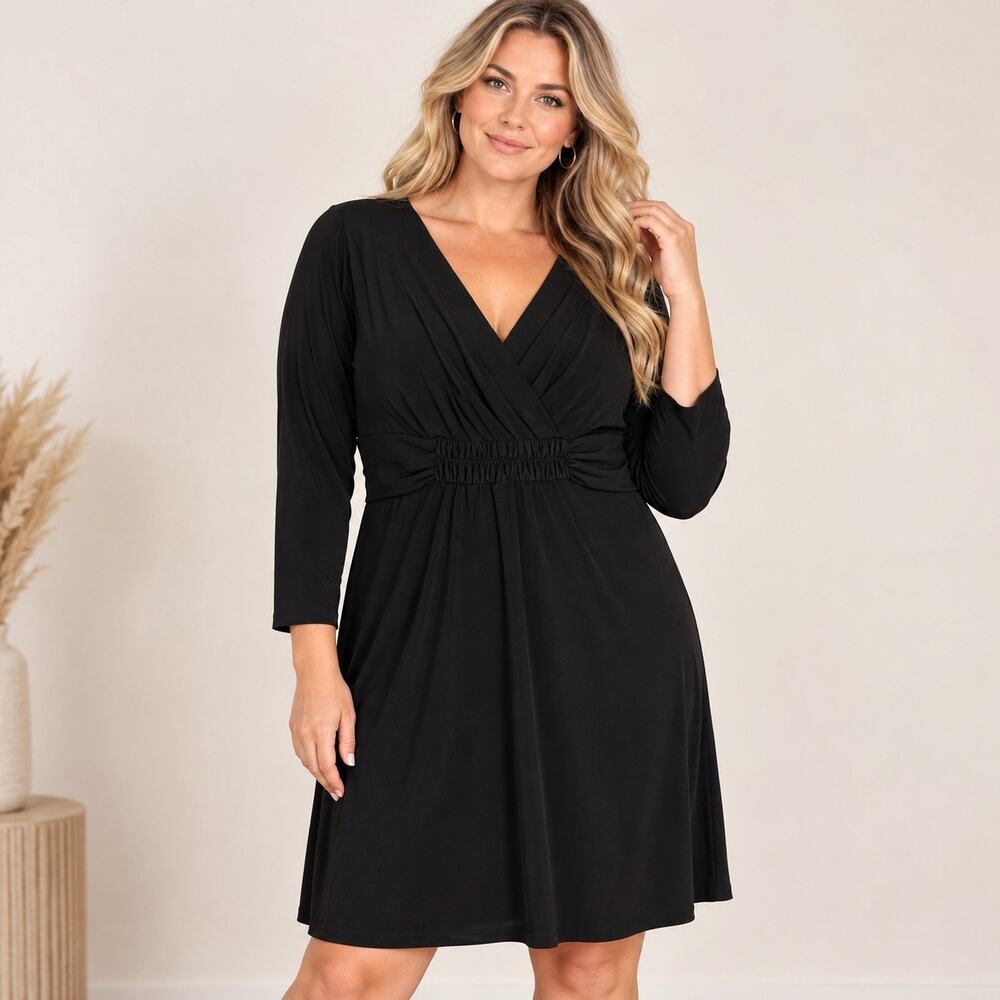 Bella Blue Vintage Dress Womens 14W Black Shiny V-Neck Knee Length Stretchy USA